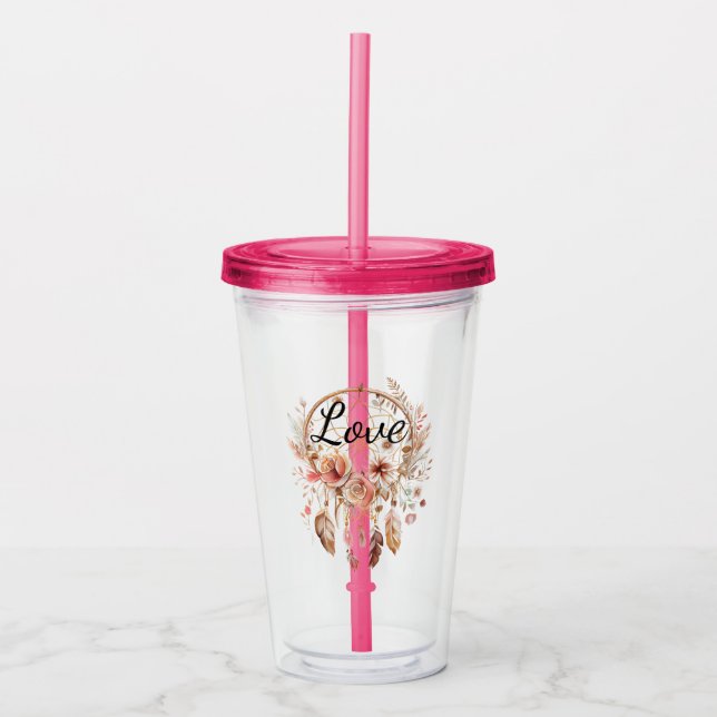 Pink Love Boho Floral Feathers Dream Catcher Acrylic Tumbler (Front)