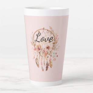 Pink Love Boho Floral Feathers Dream Catcher Latte Mug