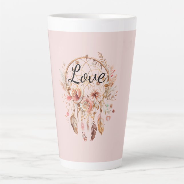 Pink Love Boho Floral Feathers Dream Catcher Latte Mug (Front)