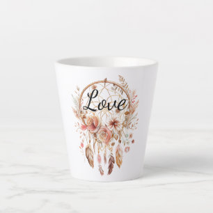 Pink Love Boho Floral Feathers Dream Catcher Latte Mug