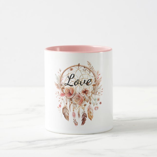 Pink Love Boho Floral Feathers Dream Catcher Mug (Center)