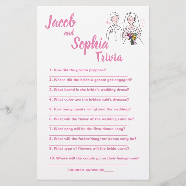 PINK LOVE, BRIDE & GROOM TRIVIA SHOWER GAME CARD (Front)