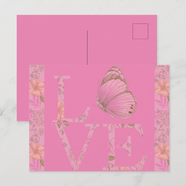 Pink Love Butterfly Floral Postcard (Front/Back)