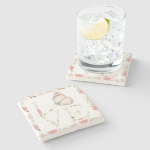 Pink Love Butterfly Floral Stone Coaster