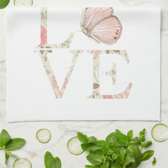 Pink Love Butterfly Floral Tea Towel (Folded)