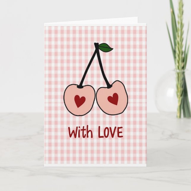 Pink Love Cherries Gingham Card (Front)