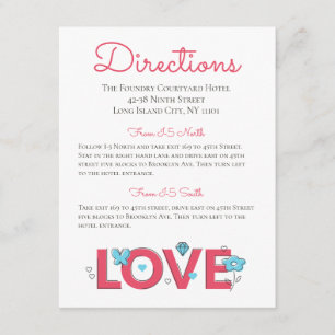 Pink Love Directions Wedding Blue Flower Hearts Enclosure Card