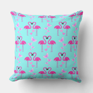 Pink Love Flamingos in Cyan Cushion