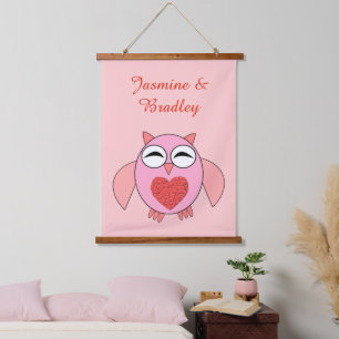 Pink Love Heart Owl Custom Hanging Tapestry