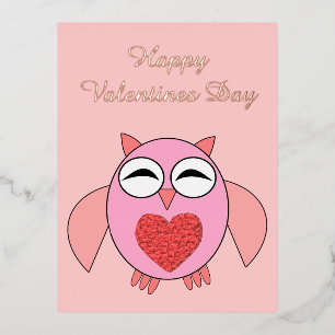 Pink Love Heart Owl Custom Valentines Day Foil Holiday Postcard