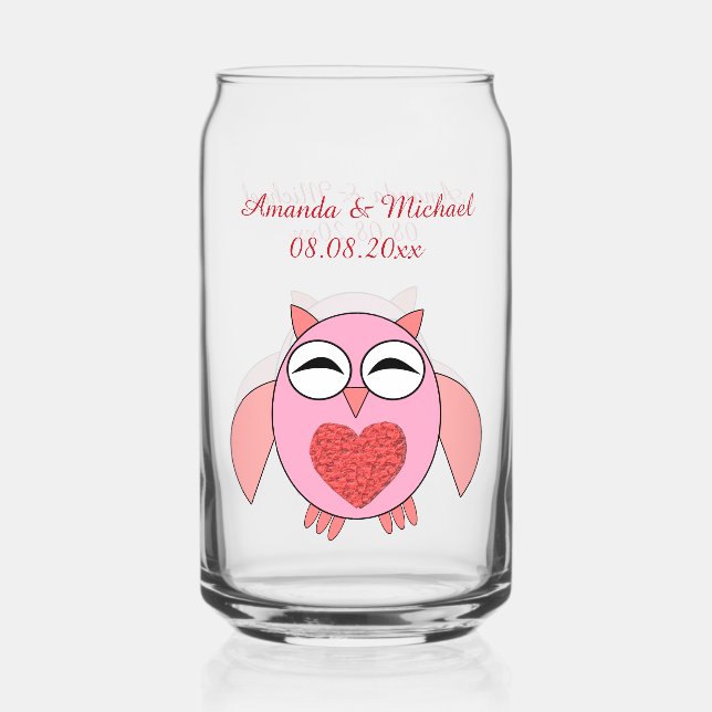 Pink Love Heart Owl Custom Wedding Can Glass (Front)