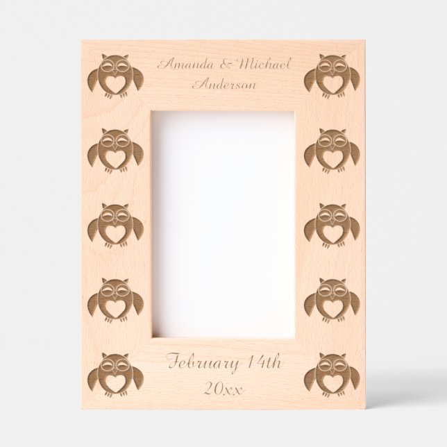 Pink Love Heart Owl Custom Wedding Etched Frames (Front)