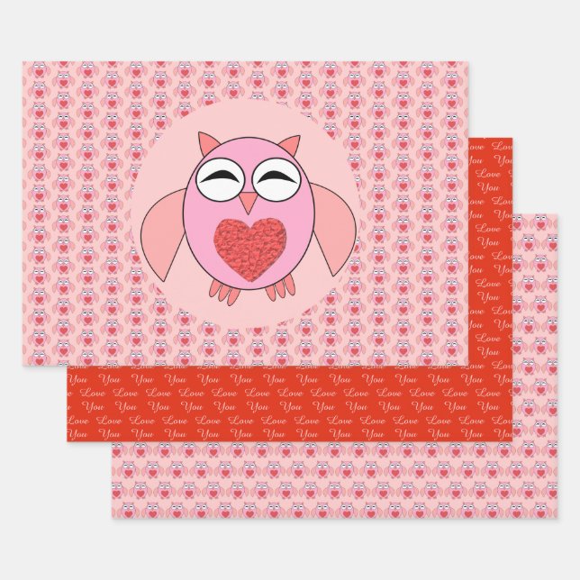 Pink Love Heart Owl Custom Wrapping Paper Sheet (Set)