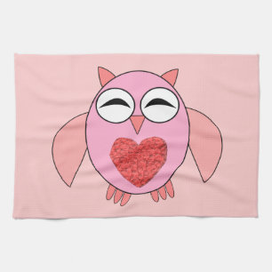 Pink Love Heart Owl Kitchen Towel