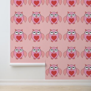 Pink Love Heart Owl Patterned Wallpaper