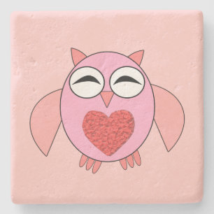 Pink Love Heart Owl Stone Coaster