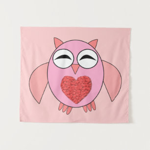 Pink Love Heart Owl Tapestry