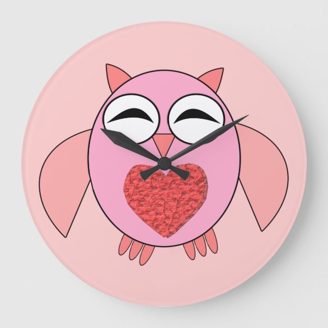 Pink Love Heart Owl Wall Clock (Front)