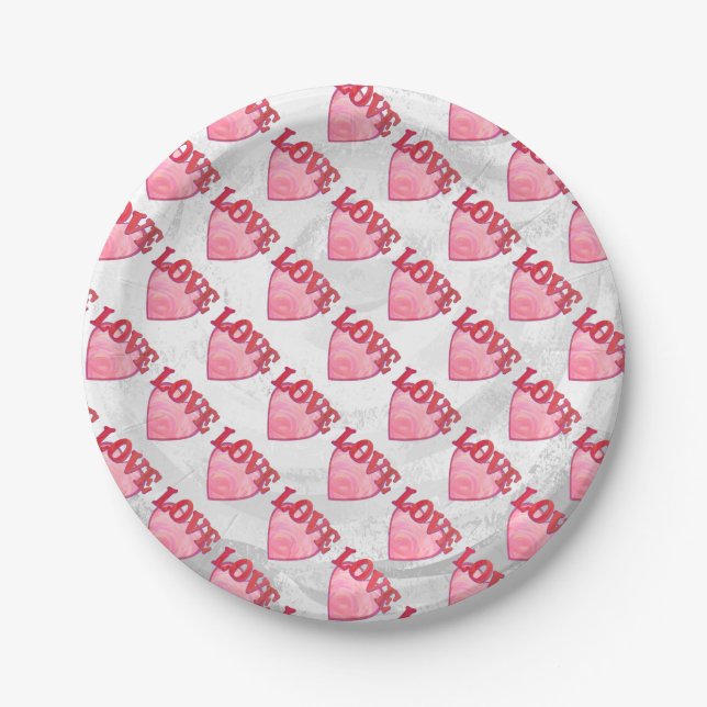 Pink Love Heart Pattern Paper Plate (Front)