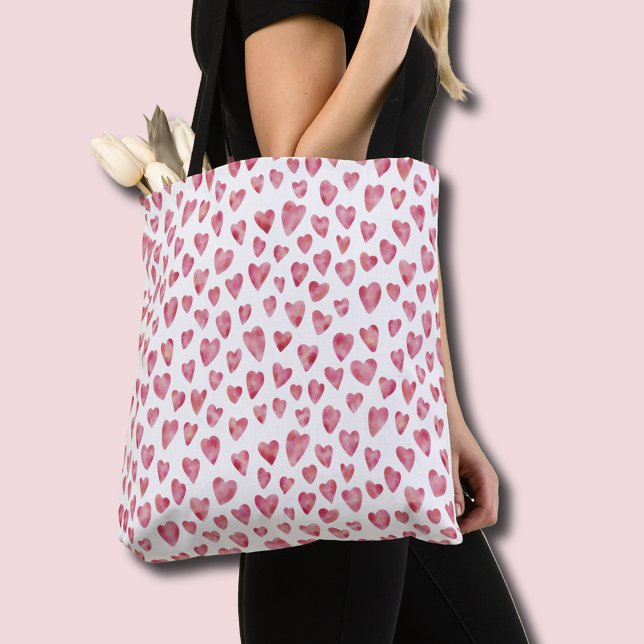 Pink Love Heart Pattern Tote Bag (Pink watercolor love heart tote bag)