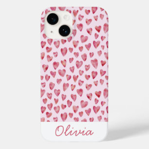 Pink love heart watercolor pattern name Case-Mate iPhone 14 case