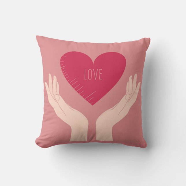 Pink love heart with hands valentine cushion (Front)