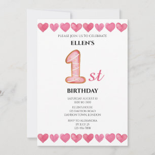 Pink Love Hearts 1st Birthday Photo Invitation