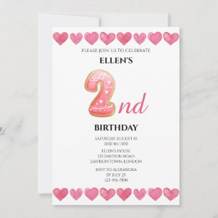 Pink Love Hearts 2nd Birthday Photo Invitation