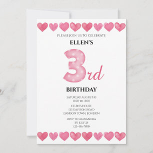 Pink Love Hearts 3rd Birthday Photo Invitation