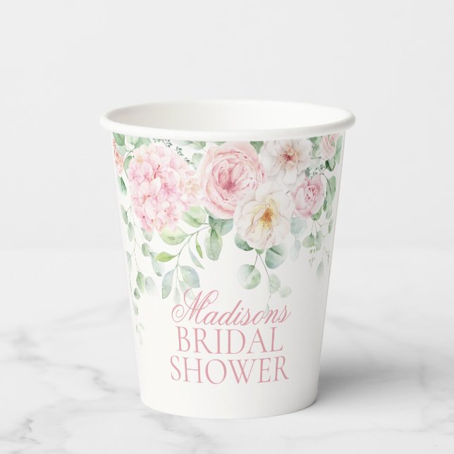 Pink Love in Bloom Floral Hydrangea Bridal Shower Paper Cups (Back)
