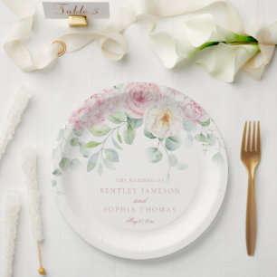 Pink Love in Bloom Floral Hydrangea Wedding Paper Plate