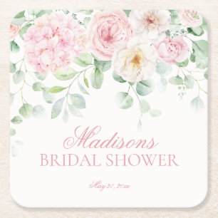 Pink Love in Bloom Floral Hydrangeas Bridal Shower Square Paper Coaster