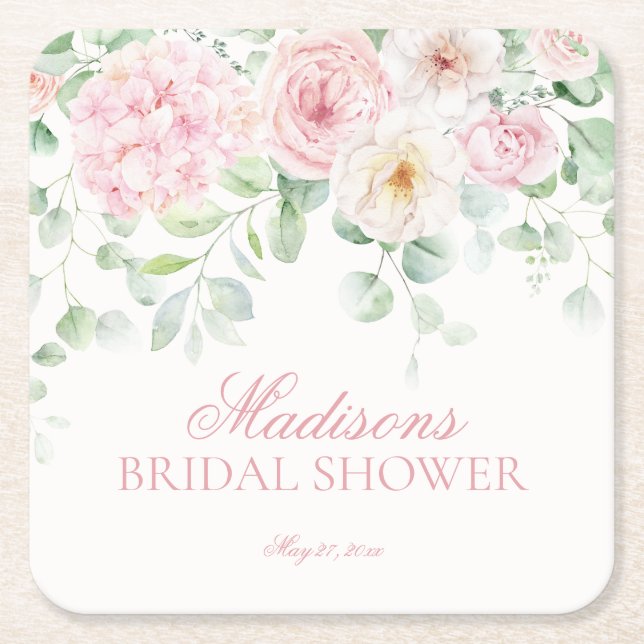 Pink Love in Bloom Floral Hydrangeas Bridal Shower Square Paper Coaster (Front)