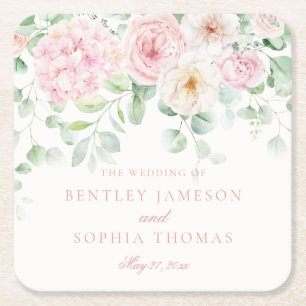 Pink Love in Bloom Floral Hydrangeas Decor Wedding Square Paper Coaster