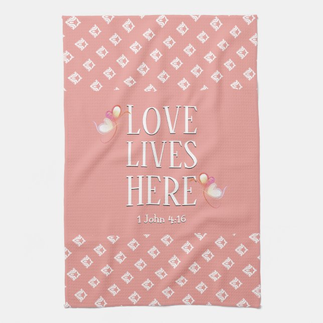 Pink | LOVE LIVES HERE | Stylish Customisable Tea Towel (Vertical)