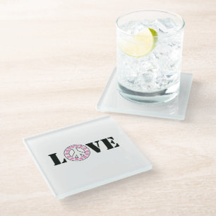 Pink Love Peace Hearts Glass Coaster