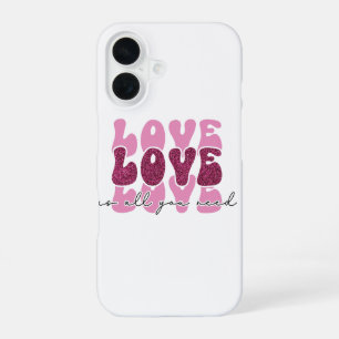 Pink "Love" Stacked Bubble Font iPhone 16 Case