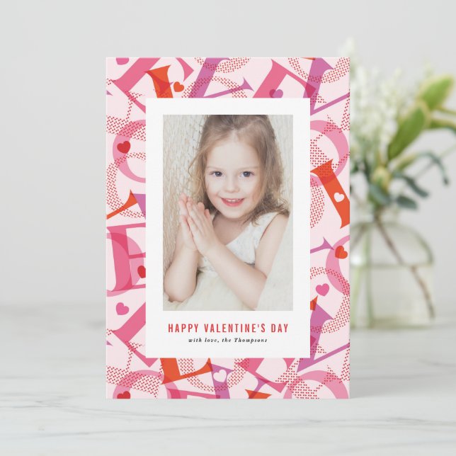 Pink LOVE Typography Photo Happy Valentine's Day Holiday Card (Standing Front)