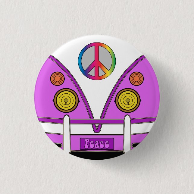 Pink love wagon, hipster, hippie peace sign 3 cm round badge (Front)