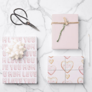 Pink Love You Mom Hearts Mother's Day Wrapping Paper Sheet