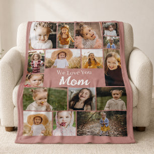 Pink Love You Mum 16 Photo Collage Fleece Blanket