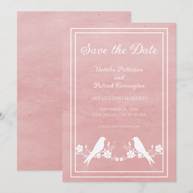 Pink Lovebird Floral Save the Date Invite (Front/Back)
