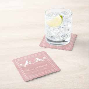 Pink Lovebird Floral Wedding Paper Coasters