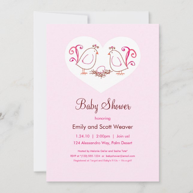 Pink Lovebirds and Nest Baby Shower Invitations (Front)