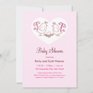 Pink Lovebirds and Nest Baby Shower Invitations