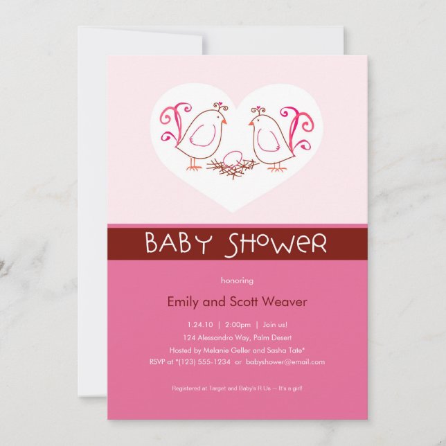 Pink Lovebirds and Nest Baby Shower Invitations (Front)