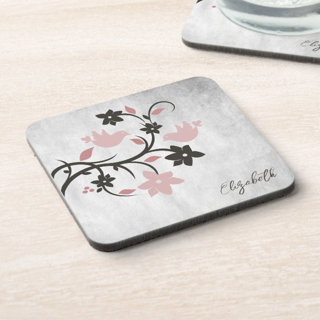 Pink Lovebirds Beverage Coaster (Left Side)
