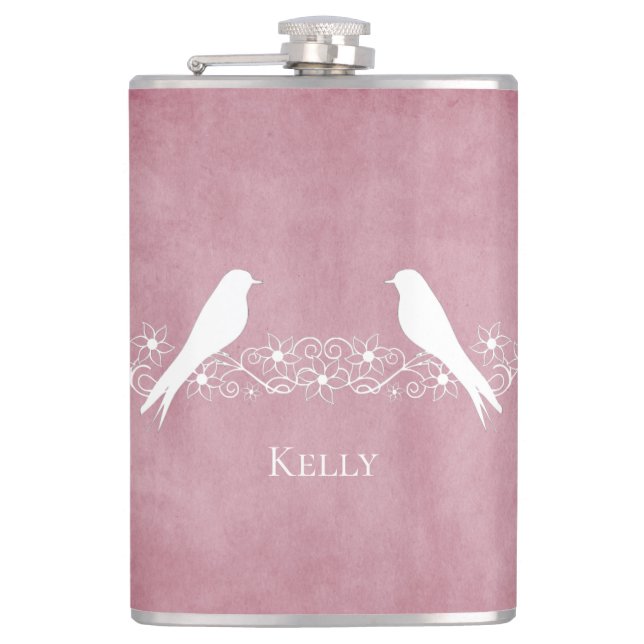 Pink Lovebirds Floral Vine Personalised Flask (Front)