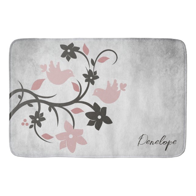 Pink Lovebirds Personalised Bath Mat (Front)