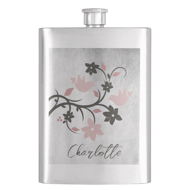 Pink Lovebirds Personalised Flask (Front)